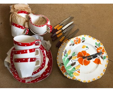 Ceramics including Midwinter tea service chip to saucer, Coronet ware, cake stand and 6 tea knives.
