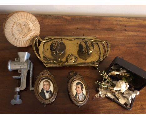 A mixed lot to include portrait miniatures on porcelain, shortbread stamp. German Art Nouveau brass inkwell, mincer etc.  