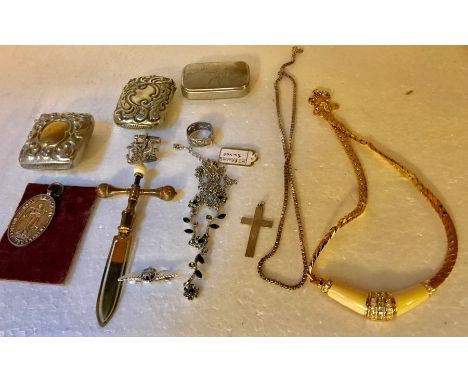 Miscellany to include Christian Dior costume jewellery, 3 vesta cases, RAF badge, bookmark etc. 