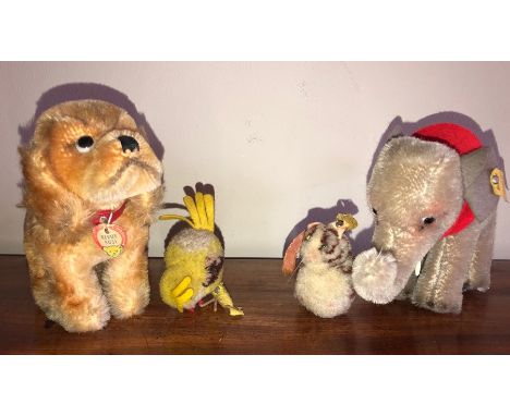 Steiff animals (post-war) including elephant, 10cms h, dog, chick and kitten?