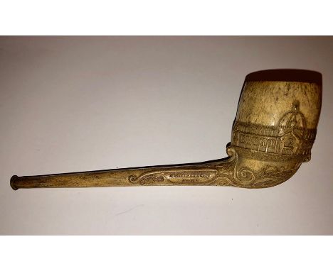 Clay pipe commemorating the 1862 Great London Exhibition. 20cms l.