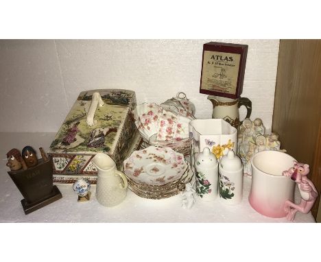 Mainly ceramics comprising, 19thC cheese dish, bisque figures, Belleek jug, tea service, Pink Panther mug etc.