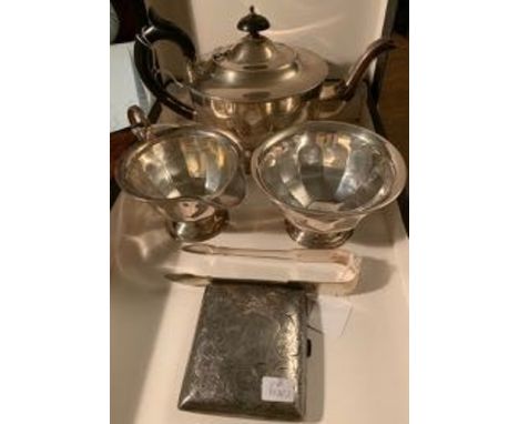 Three piece silver tea service with silver tongs and cigarette case 26.5 ozt Tea service Sheffield 1905 by Viners