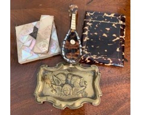 Brass ring dish, M of P card case, tortoiseshell card case and miniature mandolin (damages)
