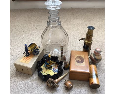 Miscellany to include Georgian ring necked  decanter, souvenir coloured sand from the Isle of Wight treen tape measure, boxes
