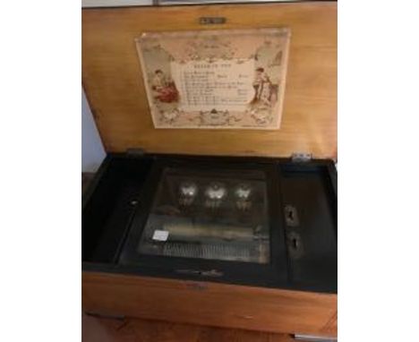 Good bells showing musical box playing ten airs. Re-polished three teeth missing.