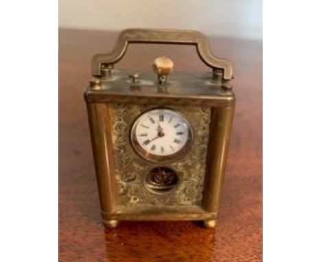 Miniature brass and enamel 8 day carriage clock by Brevet 6cm high