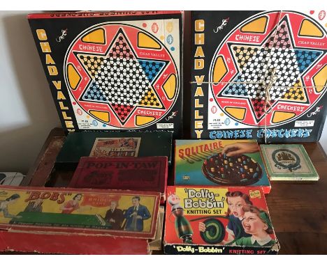 Various vintage games and toys including Chinese, Checkers, Dolly, Bobbin, Skittles etc. 