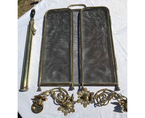 Brass firescreen, candle sconces and garden pump