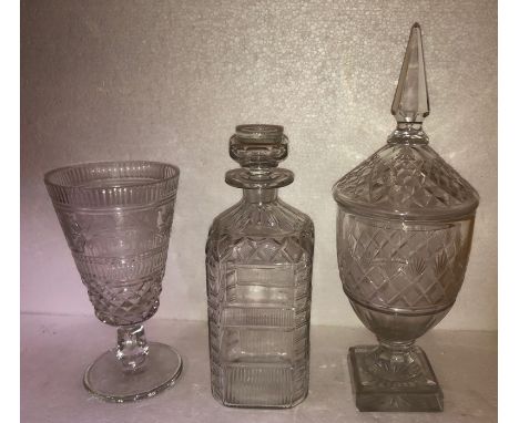 Three pieces of good quality glass including sweet meat jar and cover, a/f to base and fine Georgian decanter. Largest 33cms
