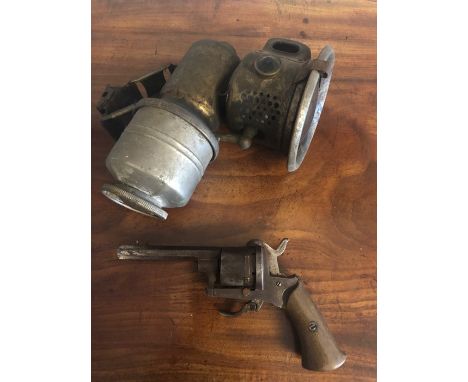 Acetylene bicycle lamp, crack to glass with Belgium 1890's rim fire pistol.