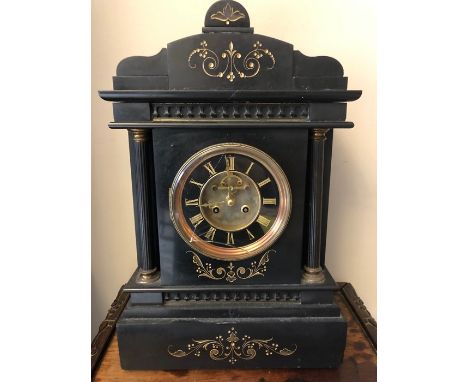 Good quality black slate mantel clock with brocot movement by Geo. Graham, 21 Forest Road, Edinburgh, glass cracked. 44cms h 
