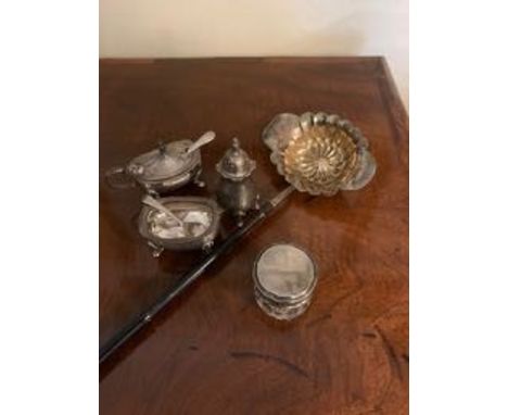 Silver condiment set , silver lidded jar and unmarked toddy ladle with whalebone handle