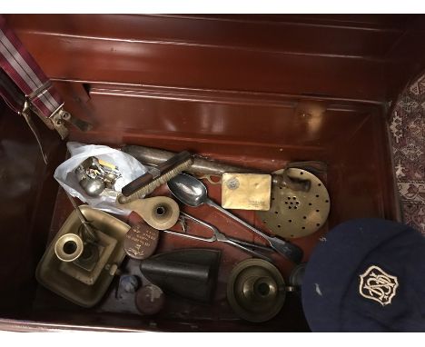 Vintage metal trunk and miscellaneous contents to include chambersticks, school cap, iron etc. 