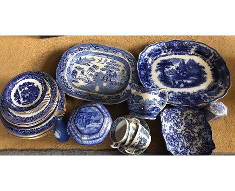 Blue and white ceramics to include Cauldon, Copeland Spode, Losol Ware, Wedgwood, Woods and Ringtons Milleniul castle jar. 