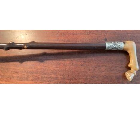 Good quality hawthorn walking stick with horn and ivory handle in the form of a horse's leg c1900 86 cm long