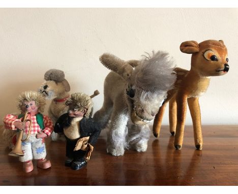 Six various vintage animals, some Steiff to include poodle, Bambi and donkey, no buttons or tags,