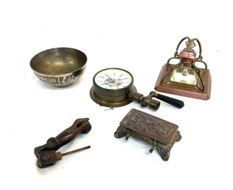 Selection of metal items includes inkwells, nut cracker etc 