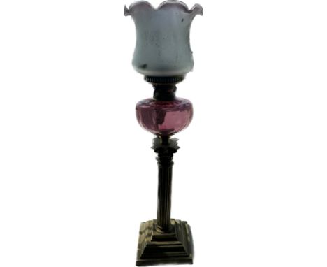 Vintage oil lamp and shade, approximate overall height 30 inches
