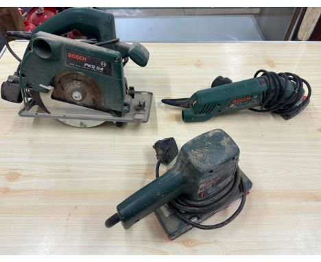 Selection of assorted tools includes 2 bosch sanders, circular saw etc