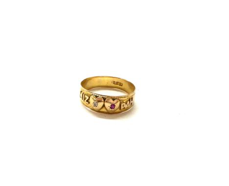 Vintage 18ct gold Mizpah diamond and ruby set ring, total weight 2.5grams Ring size Q