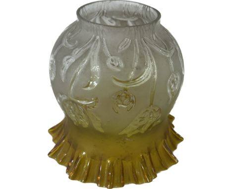 Yellow coloured antique oil lamp shade measures approx 7 inches tall, burner 3 inches in diameter, 6.5 inches bottom diameter