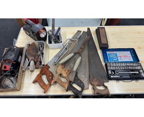 Selection of assorted tools includes socket set, saws etc 