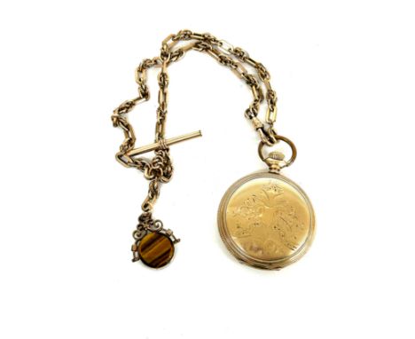 Gold plated hunter pocket watch with chain and fob 