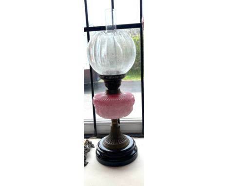 Vintage glass oil lamp, complete with shade and funnel Height approximately 23 inches