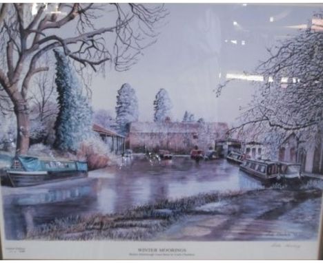 After Linda Chambers, a limited edition print numbered 807/1000, 'Winter Mooring - Market Harbourer Canal Basin', the origina
