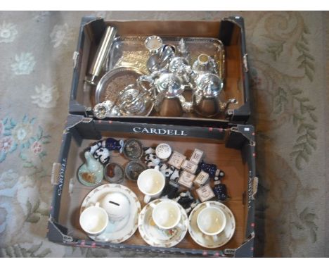 Two boxes containing a quantity of Wade Whimsies, Royal Doulton Bunnykins, Aynsley lidded pot, together with silver plated it