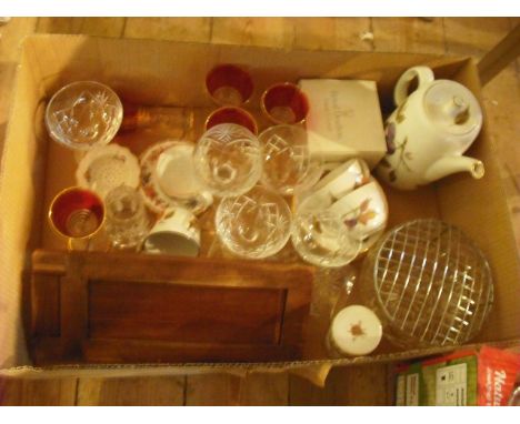 A box containing a quantity of glassware and ceramics, to include: Royal Worcester Evesham pattern teawares, 19th century Fre