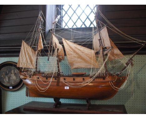 A hand built scale model of HMS Pandora, a three mast gun ship, circa 1790, on conforming wooden stand, 110cm long x 110cm ta