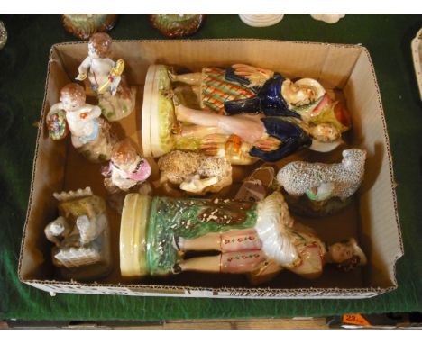 Two Staffordshire flatback figures, together with two Staffordshire sheep, A German Fairing and three Continental ceramic fig