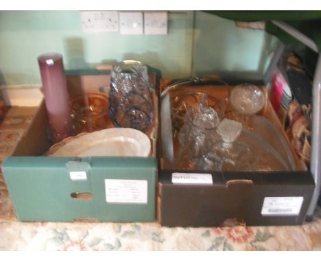 Two boxes containing glassware, to include: vases, fruit bowls, decanters and other items, together with a small quantity of 
