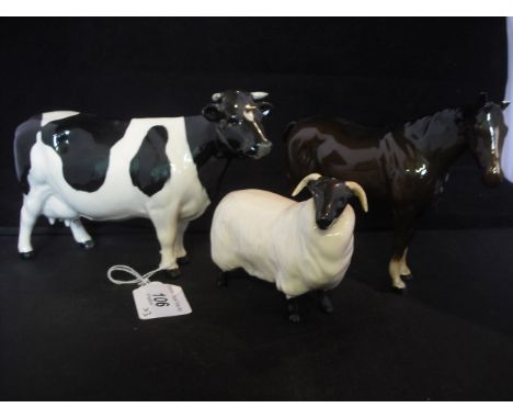 A Beswick Claybury Leegwater Fresian cow, together with a Beswick ram and a ceramic horse figurine.