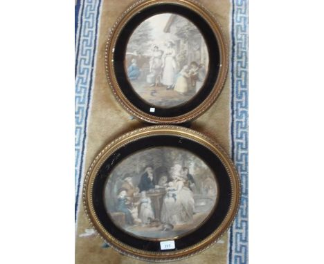 Two Victorian coloured prints, each of family groups in 18th century dress, glazed in oval gilt frames (one portrait and one 