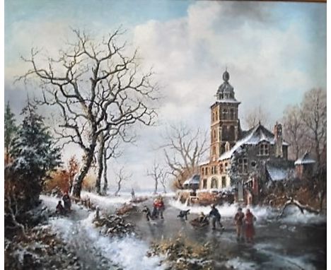 Twentieth century French school, children playing on a frozen river beside a school, oil on board, 49cm x 59cm in a gilt fram