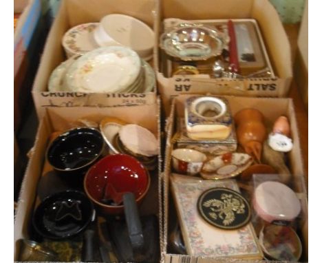 Four boxes containing a quantity of china and other items, to include: Shelley, Noritake, Royal Worcester and other items.