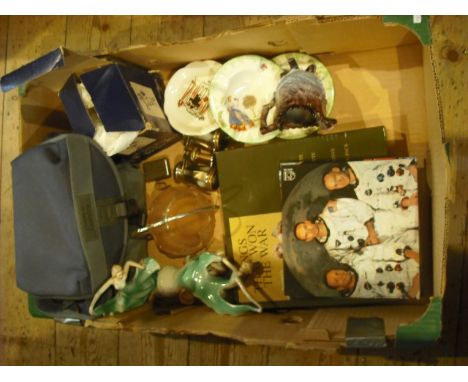 A box containing miscellaneous items to include: two 7" vinyl copies of 'Man on the Moon', the story and sound of the Apollo 