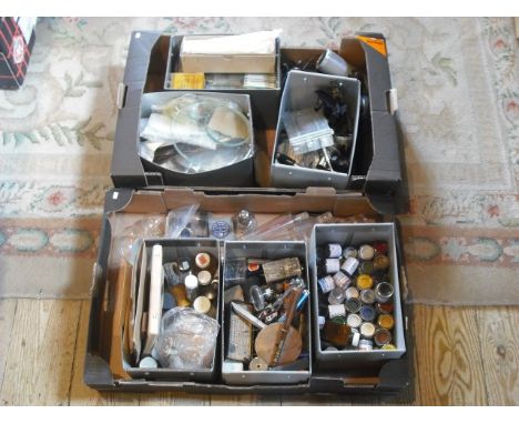 Two boxes containing a large quantity of replacement lantern slides, microscope lenses, microscope parts and related items, t