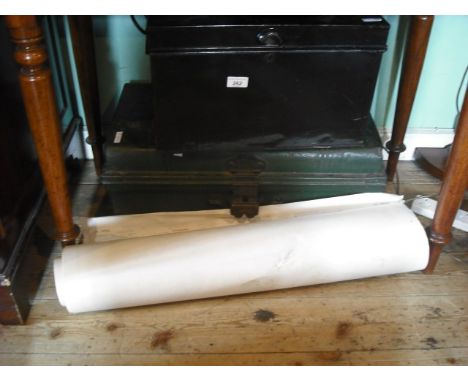 An early 20th century tin travelling trunk, together with a metal deeds box and a quantity of loose Ordnance Survey maps circ