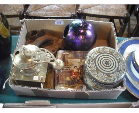 A box containing miscellaneous items, to include: a brass coffee grinder, a John Ditchfield crackle effect glass lamp globe, 