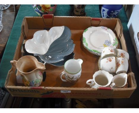 A pair of Carltonware leaf shaped serving dishes, together with a Carltonware florally decorated Art Deco jug, a Foley Art Ch