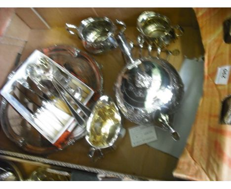 A small quantity of silver plate, to include: part-tea service, a salver and assorted flatware.