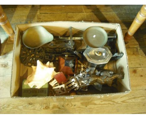 A quantity of collectable items, to include: spelter racehorse and jockey, a set of balance scales, a metronome, silver plate