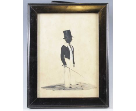 An early Victorian portrait silhouette of a racehorse trainer wearing a top-hat and holding a riding crop, watercolour, 20 x 