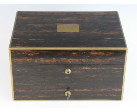 An early Victorian calamander and brass bound fitted toilet box (lacking jars), by Leuchars &amp; Son of Piccadilly, London, 