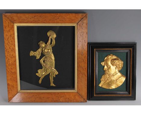 A circa 1900 French gilt bronze head and shoulders profile portrait plaque of a bearded gentleman, on felt-lined backing with