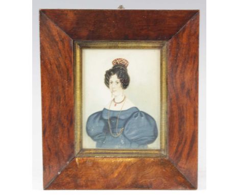 W Goose - half-length bust portrait of a society lady wearing a blue dress and gold necklace, miniature watercolour, 10.5 x 8